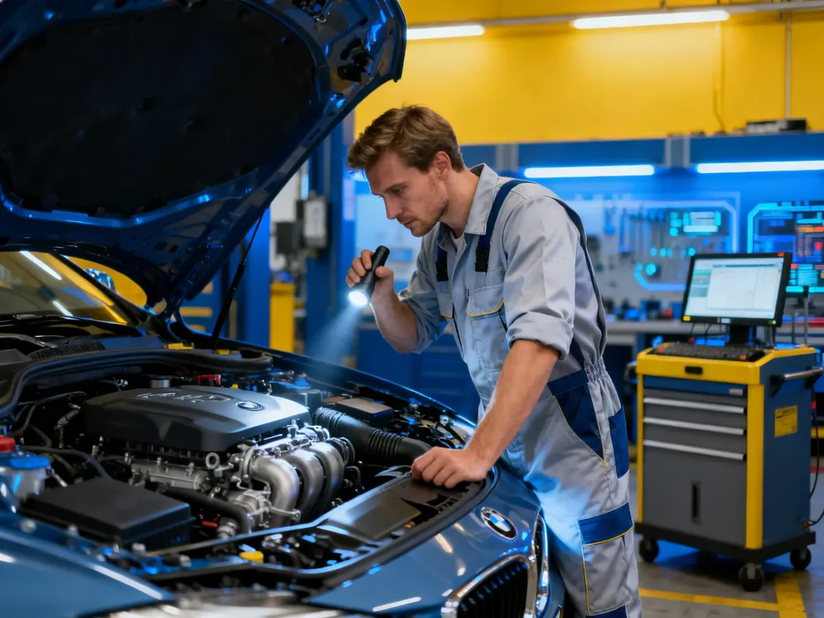 Mechanik w profesjonalnym warsztacie sprawdza silnik nowoczesnego samochodu przy użyciu latarki diagnostycznej.
