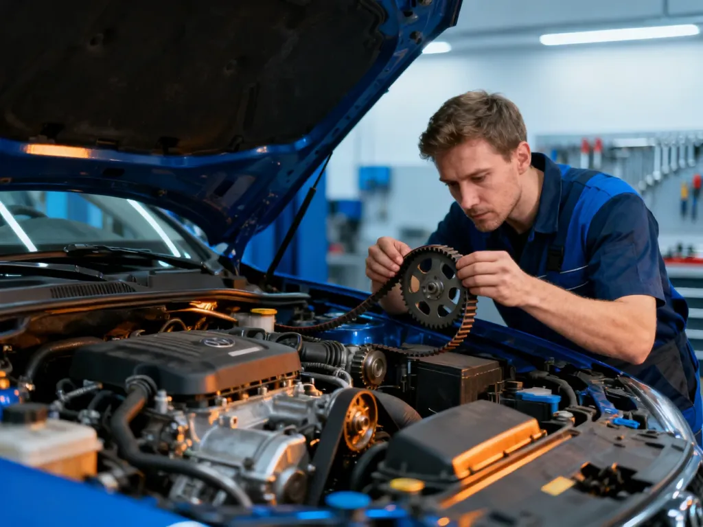 Mechanik w profesjonalnym warsztacie dokonuje przeglądu paska rozrządu w otwartej komorze silnika samochodu.