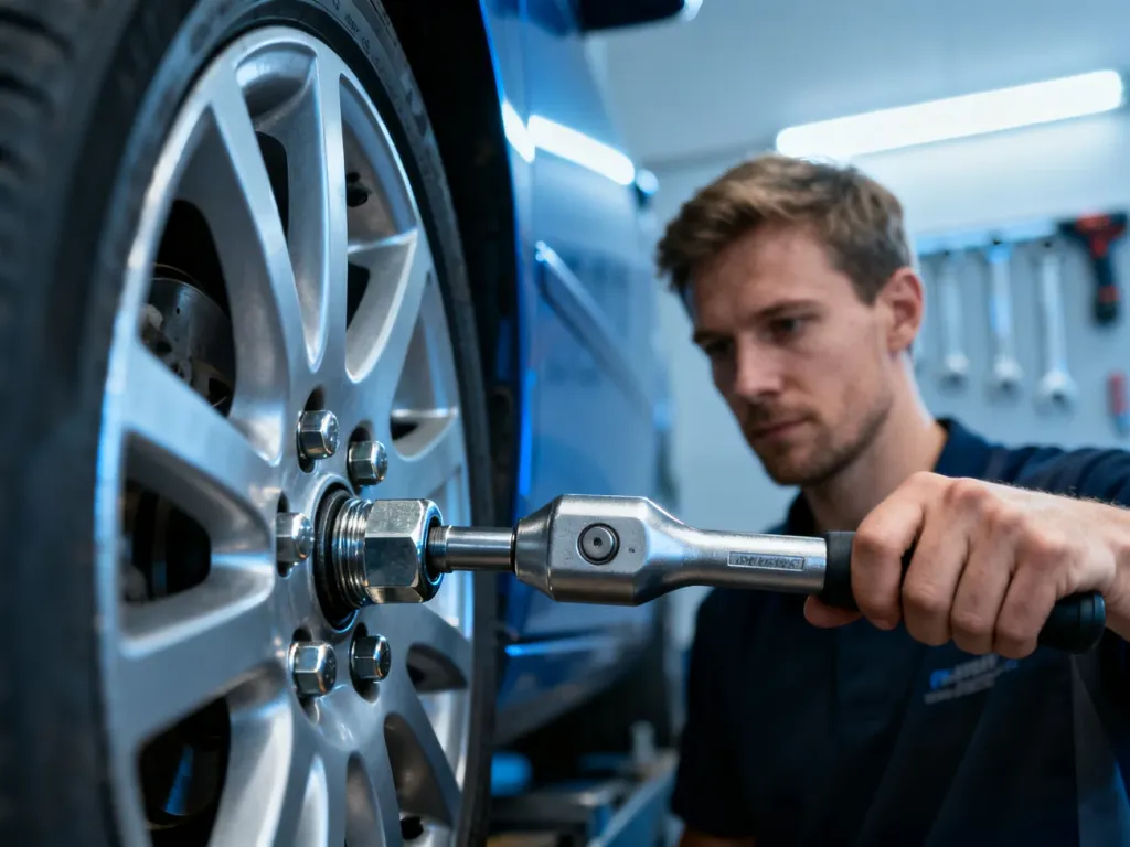 Mechanik dokręca śrubę koła samochodowego za pomocą klucza dynamometrycznego w profesjonalnym warsztacie.