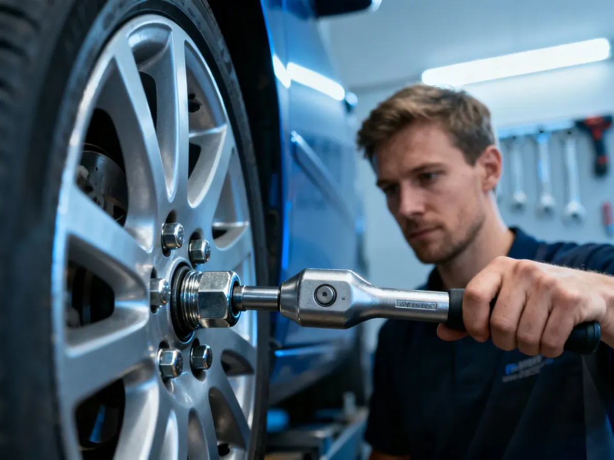 Mechanik dokręca śrubę koła samochodowego za pomocą klucza dynamometrycznego w profesjonalnym warsztacie.