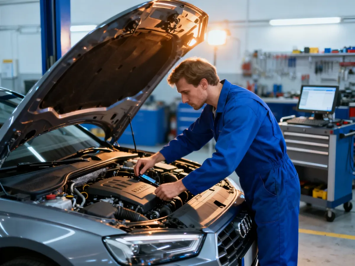 Mechanik w niebieskim kombinezonie przeprowadza przegląd techniczny silnika samochodu w profesjonalnym warsztacie.