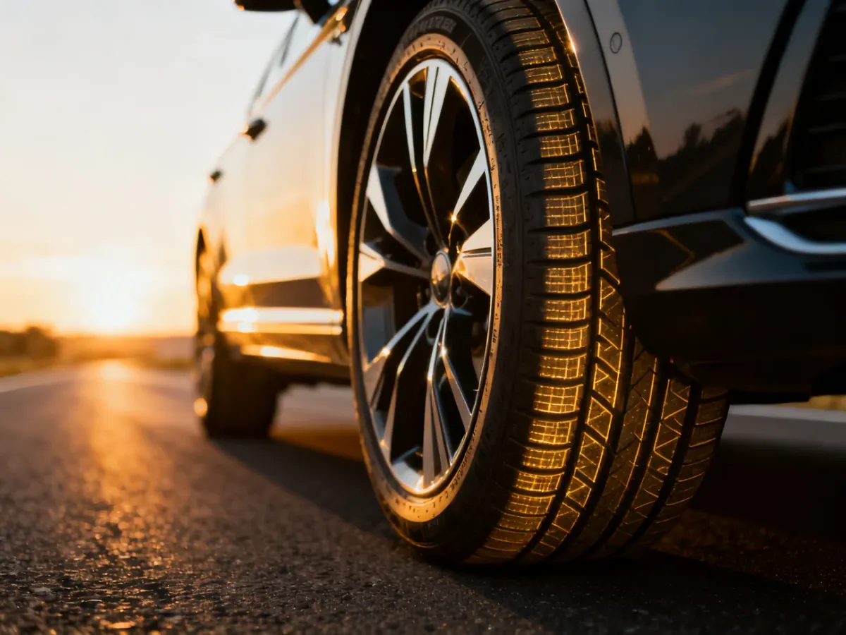 Zbliżenie na nowoczesną oponę marki Kumho z wyraźnym bieżnikiem na tle asfaltowej drogi w świetle zachodzącego słońca.