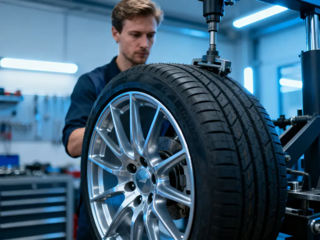 Mechanik montujący oponę na felgę aluminiową w nowoczesnym warsztacie samochodowym.