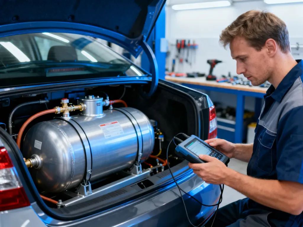 Mechanik sprawdza instalację LPG w bagażniku samochodu za pomocą urządzenia diagnostycznego w profesjonalnym warsztacie.