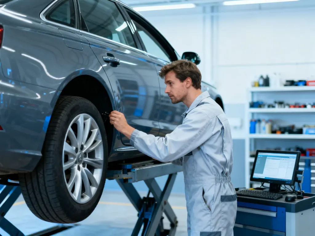 Mechanik dokonuje profesjonalnego przeglądu podwozia nowoczesnego samochodu w czystym i dobrze wyposażonym warsztacie.