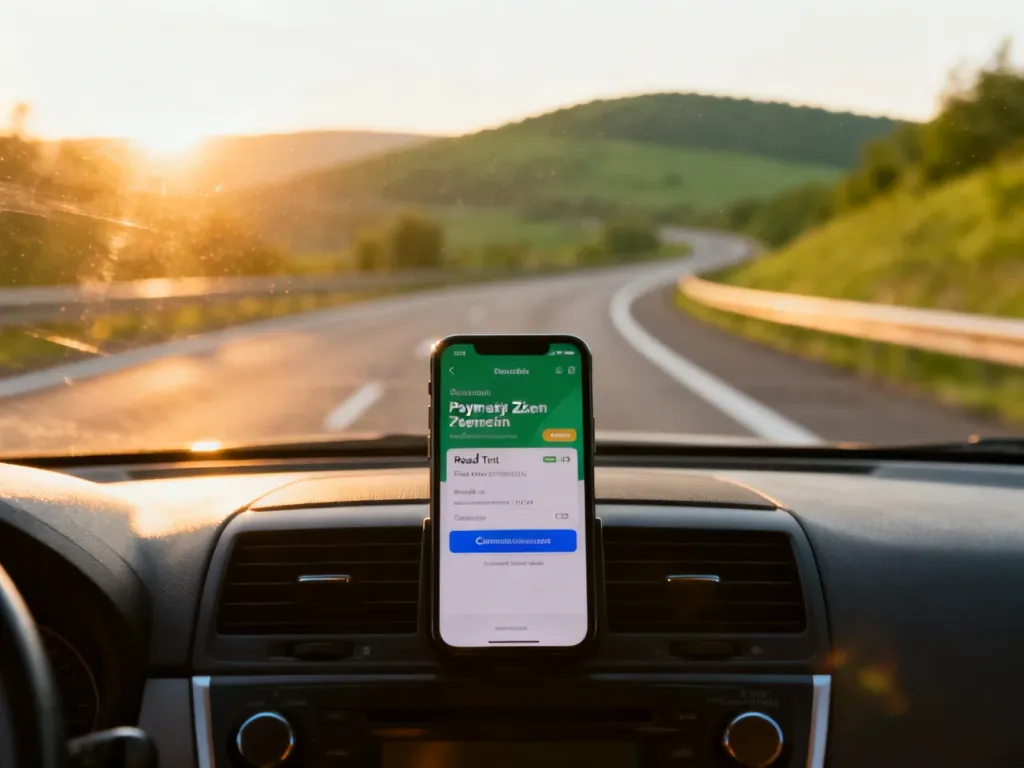 Ekran smartfona z potwierdzeniem zakupu e-winiety na tle czeskiej autostrady, symbolizujący wygodne opłacenie przejazdu.