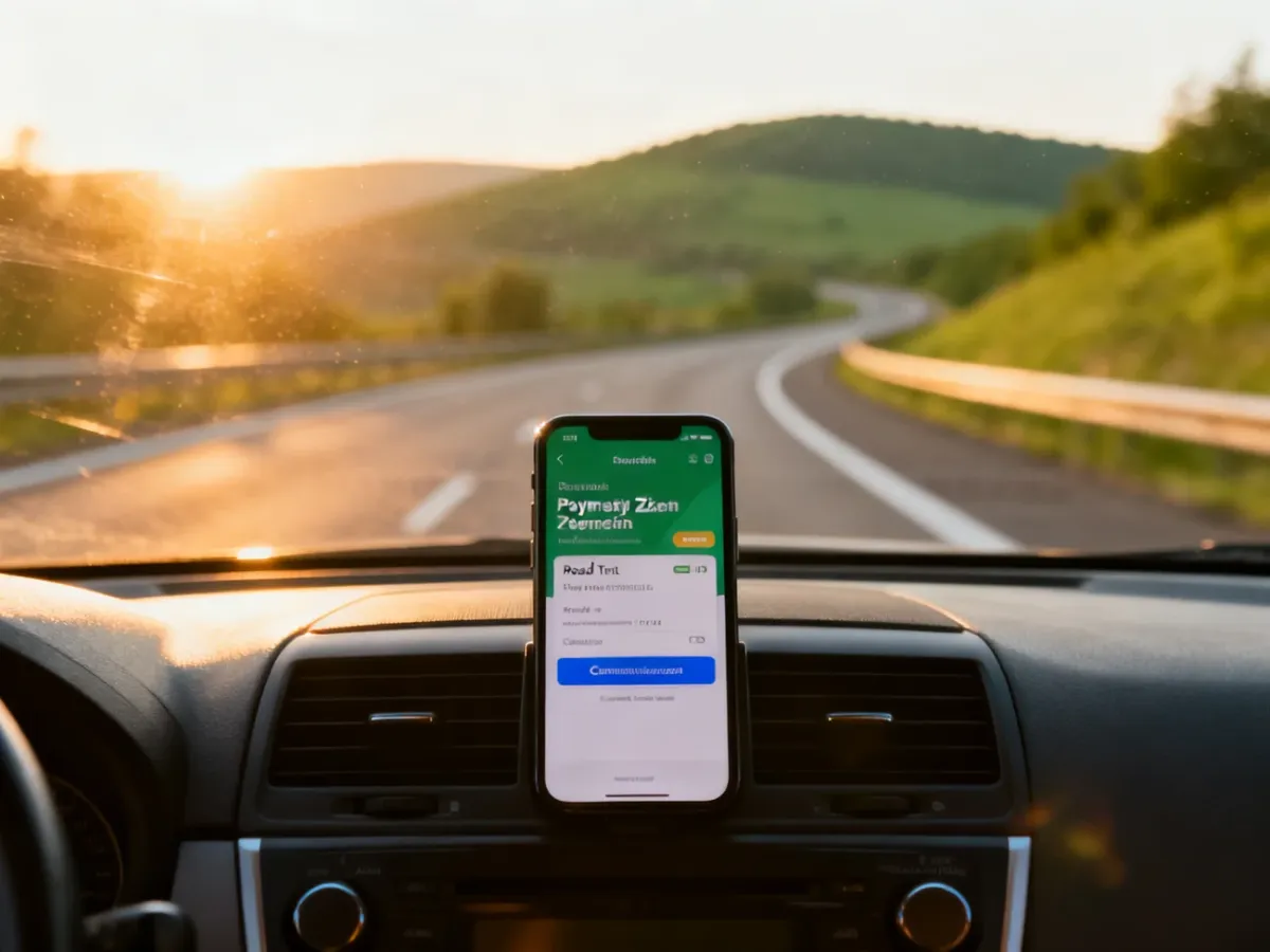Ekran smartfona z potwierdzeniem zakupu e-winiety na tle czeskiej autostrady, symbolizujący wygodne opłacenie przejazdu.