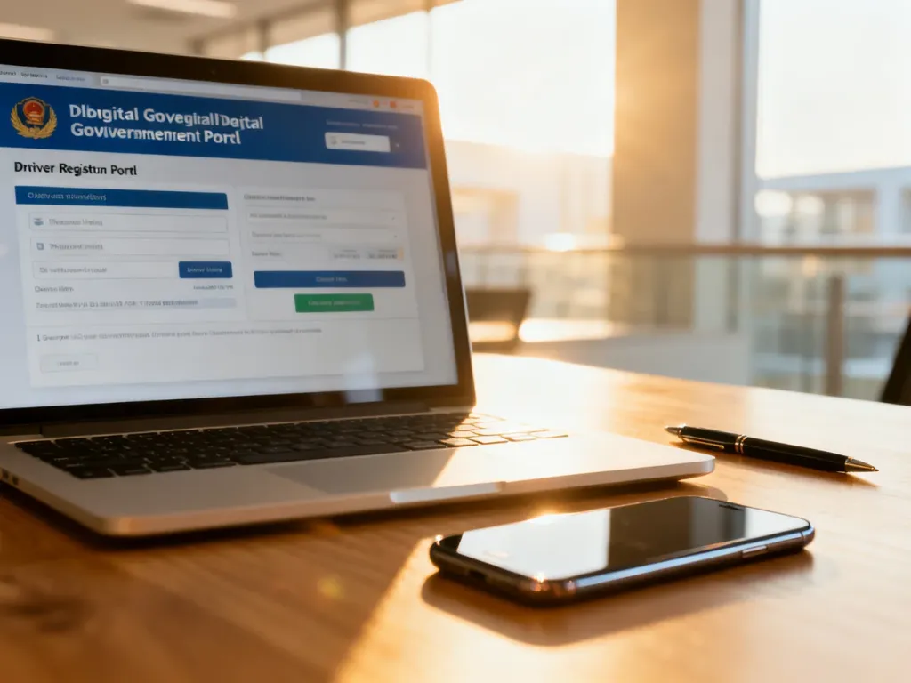 Laptop z otwartym portalem rządowym do rejestracji kierowców na biurku, symbolizujący proces zakładania profilu online.