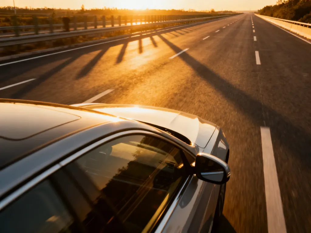 Nowoczesna autostrada o zachodzie słońca z rozmytym samochodem podkreślającym prędkość ruchu.