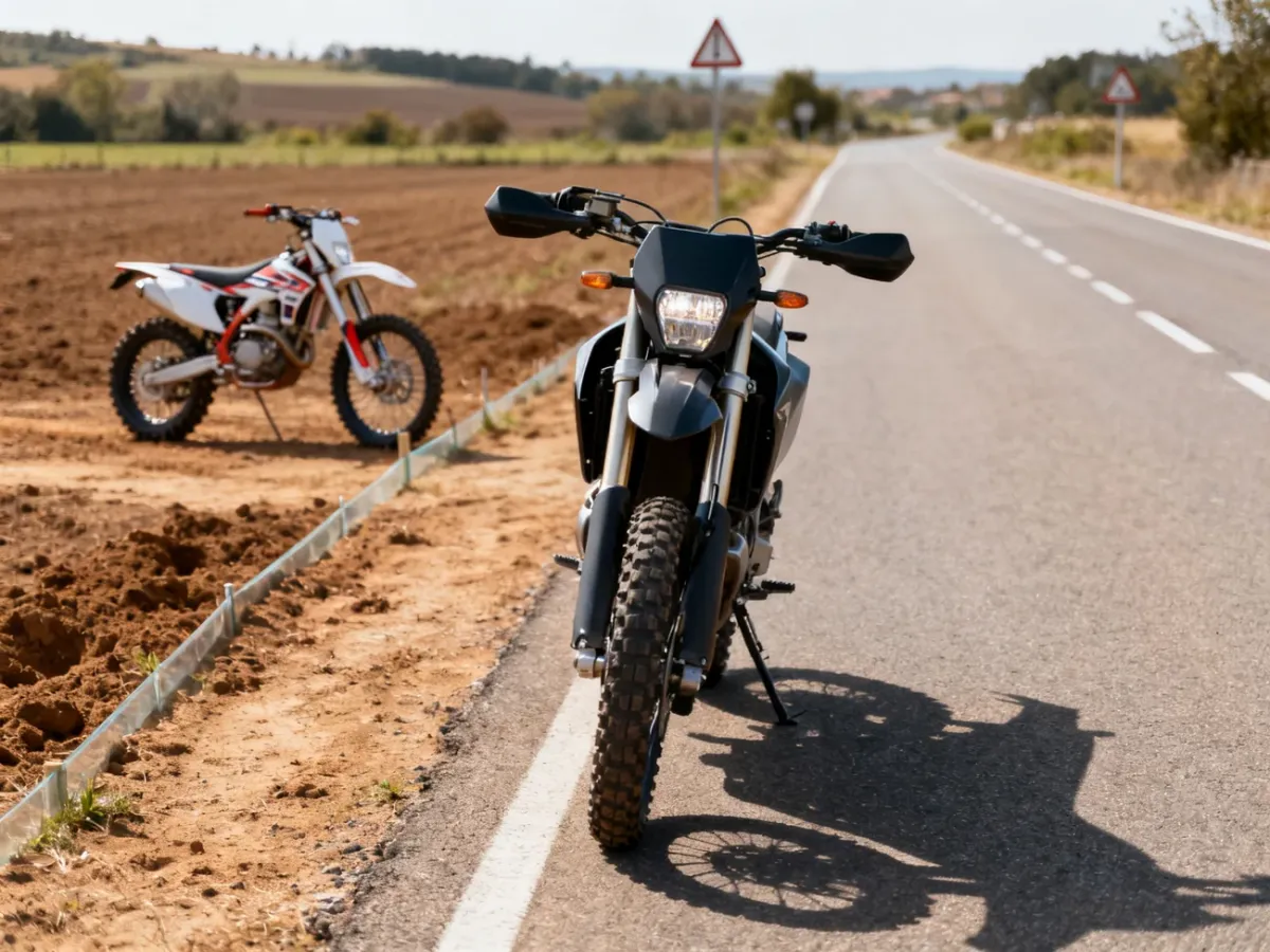 Cross na prywatnym terenie i homologowany motocykl enduro na drodze publicznej