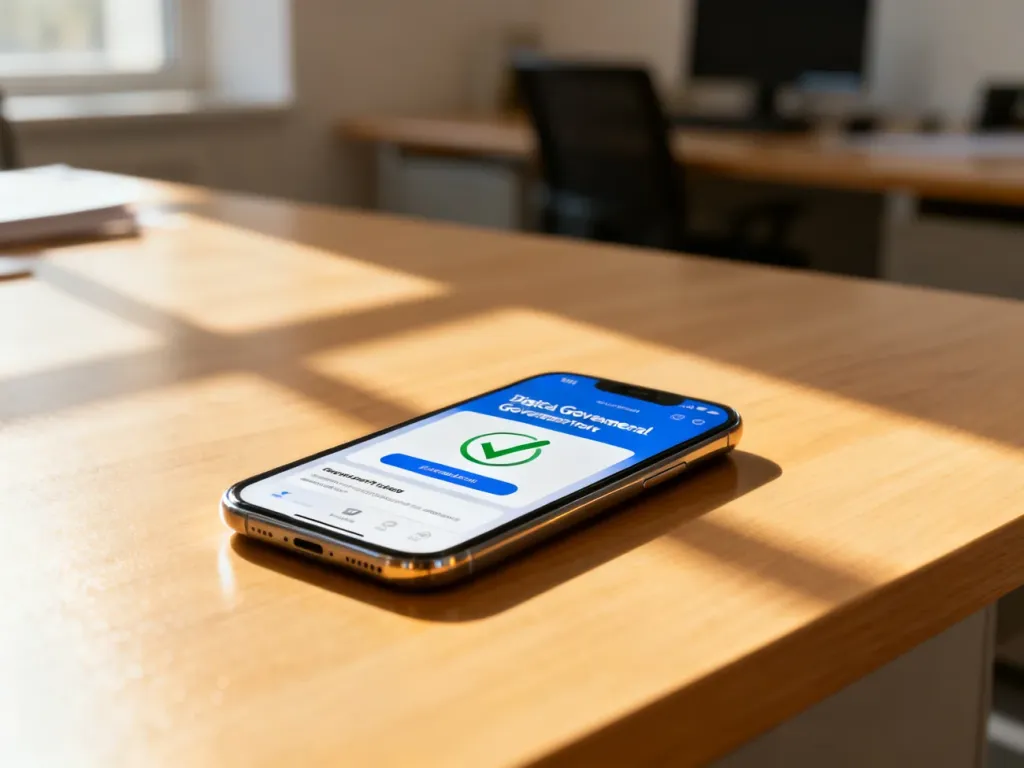 Smartfon z wyświetlonym portalem rządowym i ikoną potwierdzającą pozytywny status prawa jazdy na drewnianym biurku.