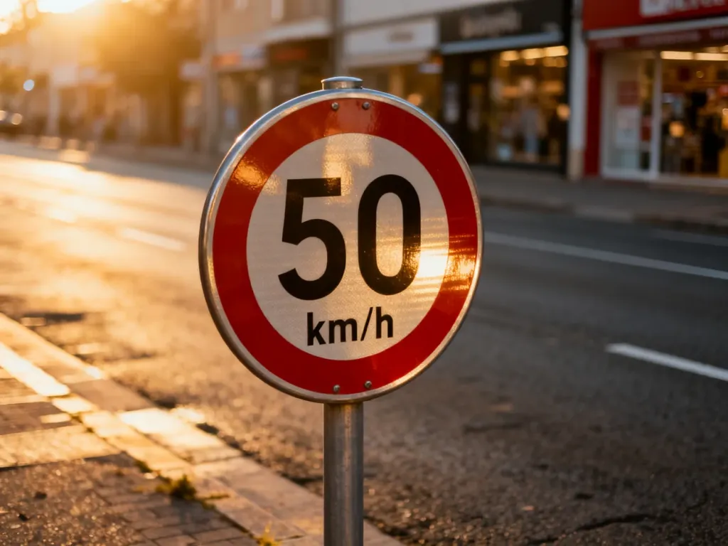 Znak drogowy ograniczający prędkość do 50 km/h na tle miejskiej ulicy, wskazujący dopuszczalną prędkość w terenie zabudowanym.