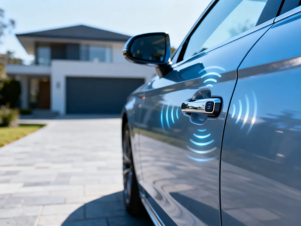 Nowoczesna klamka samochodowa z systemem keyless entry na tle eleganckiego domu, podkreślająca zaawansowaną technologię.