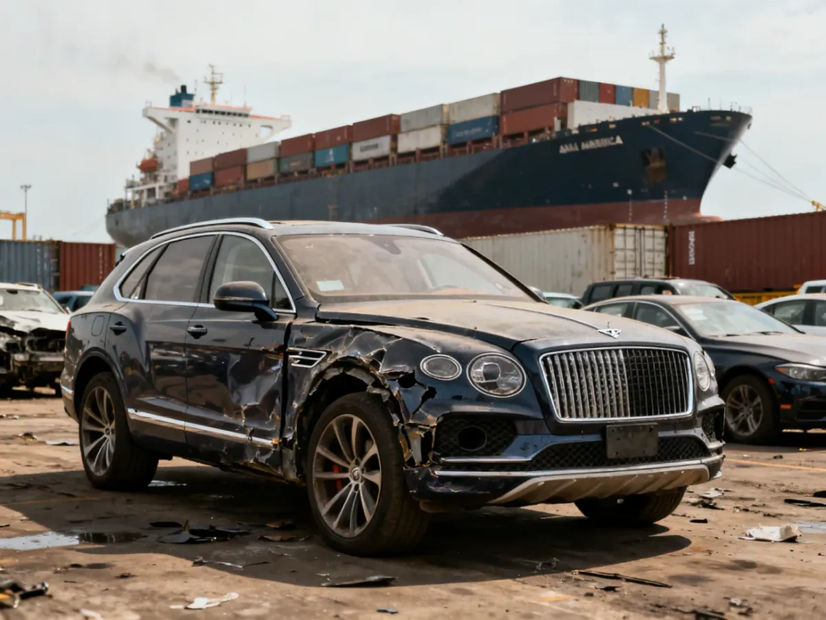 Uszkodzony SUV na amerykańskim placu aukcyjnym przed transportem do Europy