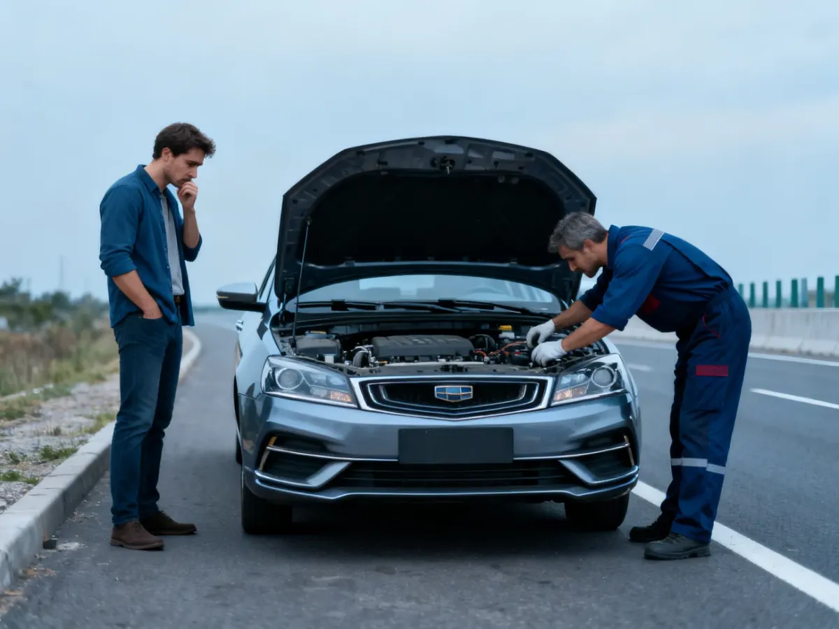 Samochód z otwartą maską sprawdzany przez mechanika na poboczu drogi