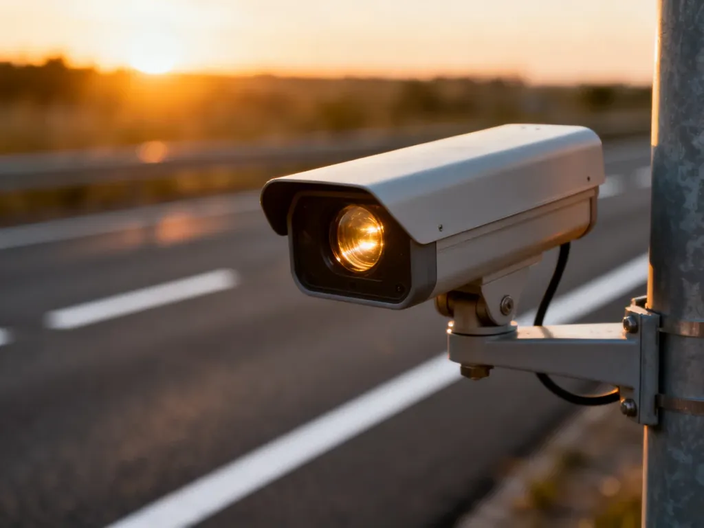 Nowoczesny fotoradar przy drodze podczas zachodu słońca, symbolizujący kontrolę prędkości i system mandatów drogowych.