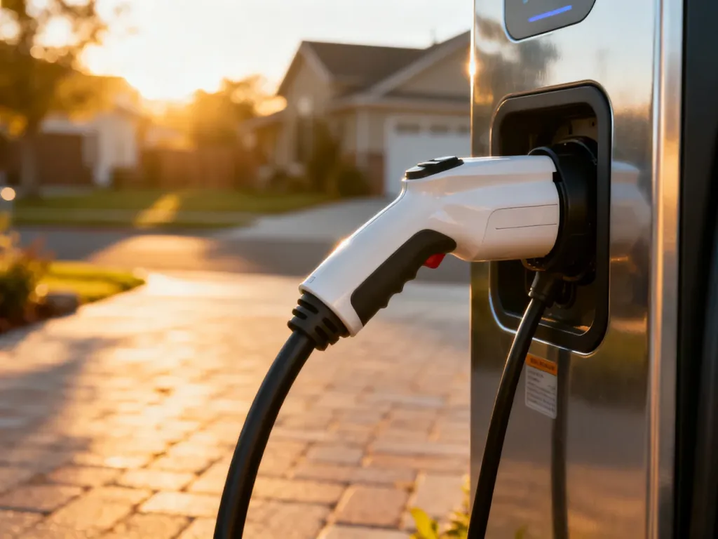 Kabel ładowarki wpięty do gniazda hybrydy typu plug-in w świetle zachodzącego słońca.