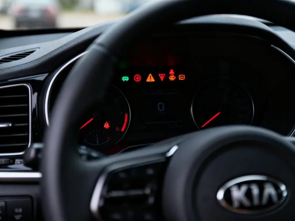 Podświetlone kontrolki na desce rozdzielczej samochodu Kia Sportage, sygnalizujące status systemów pojazdu.
