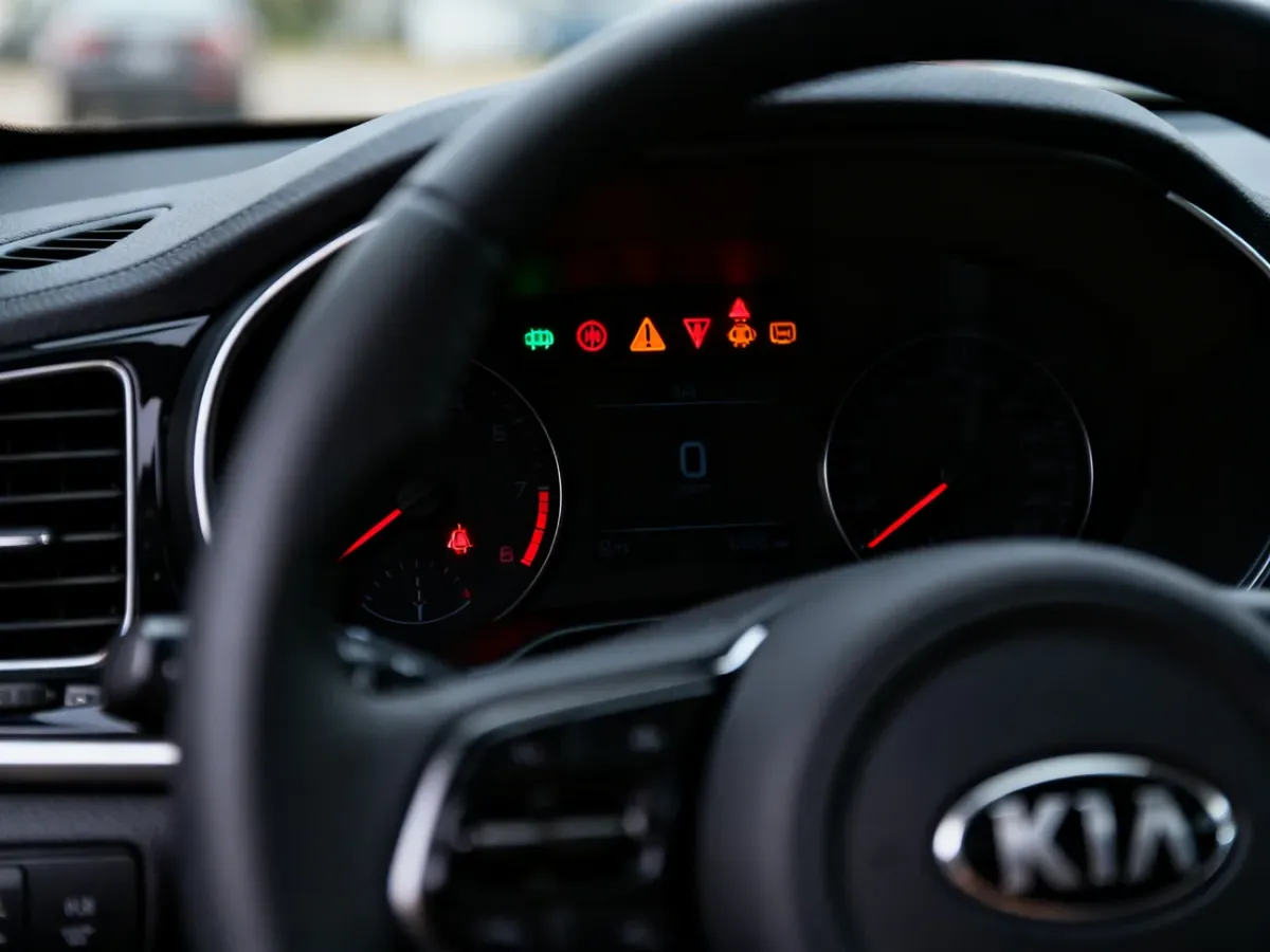Podświetlone kontrolki na desce rozdzielczej samochodu Kia Sportage, sygnalizujące status systemów pojazdu.
