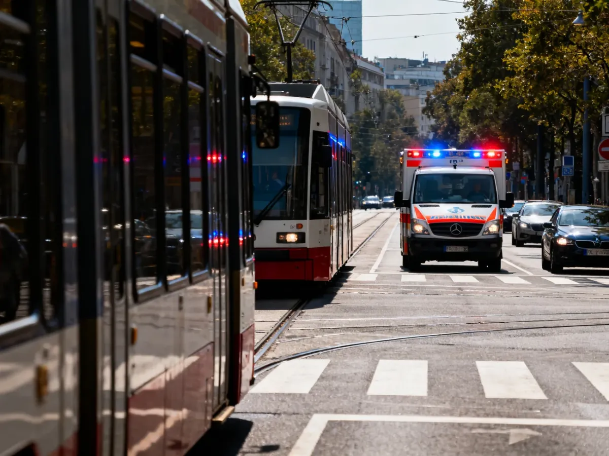 Tramwaj i uprzywilejowana karetka na skrzyżowaniu