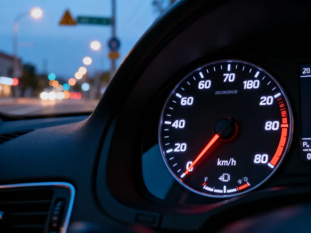 Wskazówka prędkościomierza samochodu ustawiona na 80 km/h na tle rozmytej miejskiej ulicy.