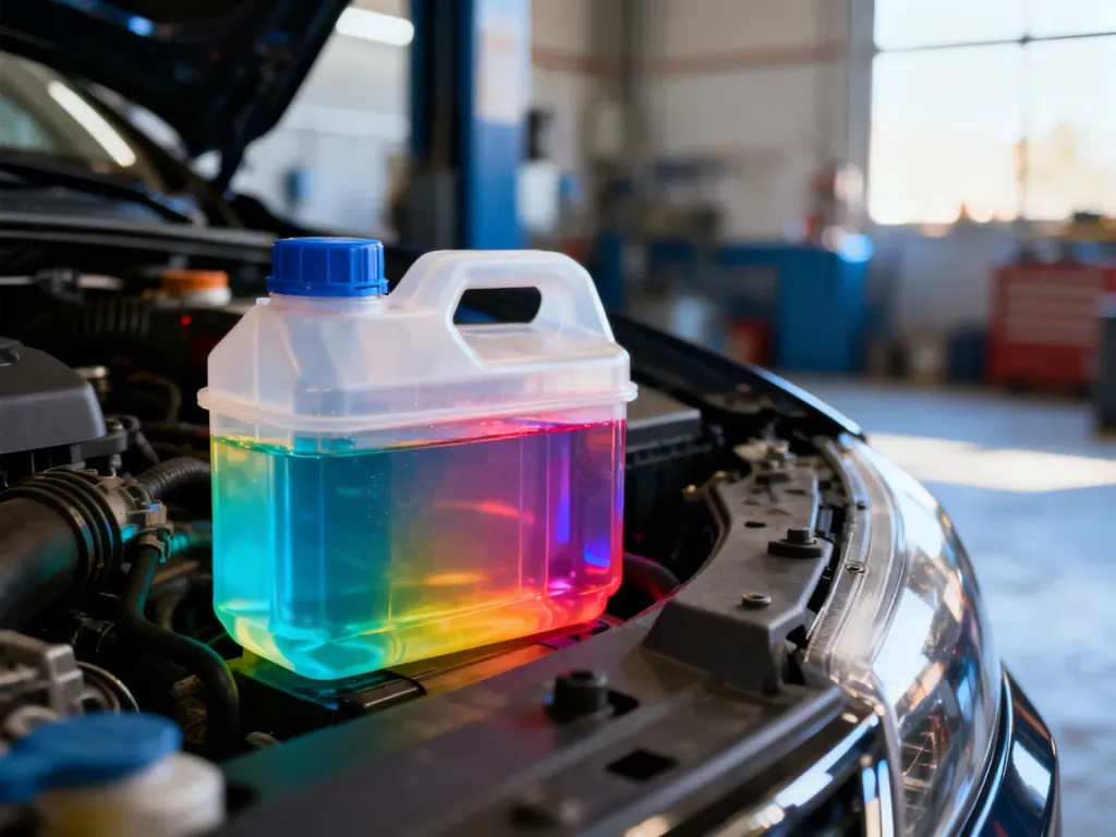 Zbliżenie na przezroczysty zbiornik wyrównawczy z kolorowym płynem chłodniczym w samochodzie.