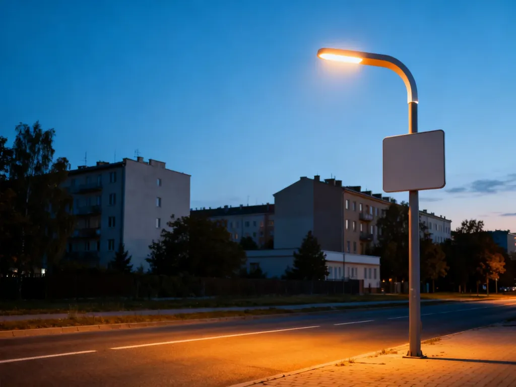 Nowoczesna latarnia uliczna oświetlająca drogę w polskim mieście o zmierzchu.