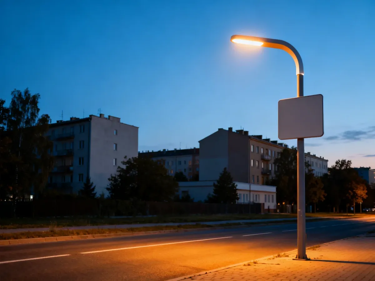 Nowoczesna latarnia uliczna oświetlająca drogę w polskim mieście o zmierzchu.