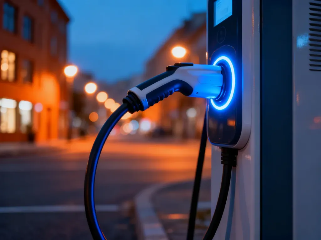 Stacja ładowania samochodu elektrycznego z podświetlanym kablem w nowoczesnym miejskim otoczeniu o zmierzchu.