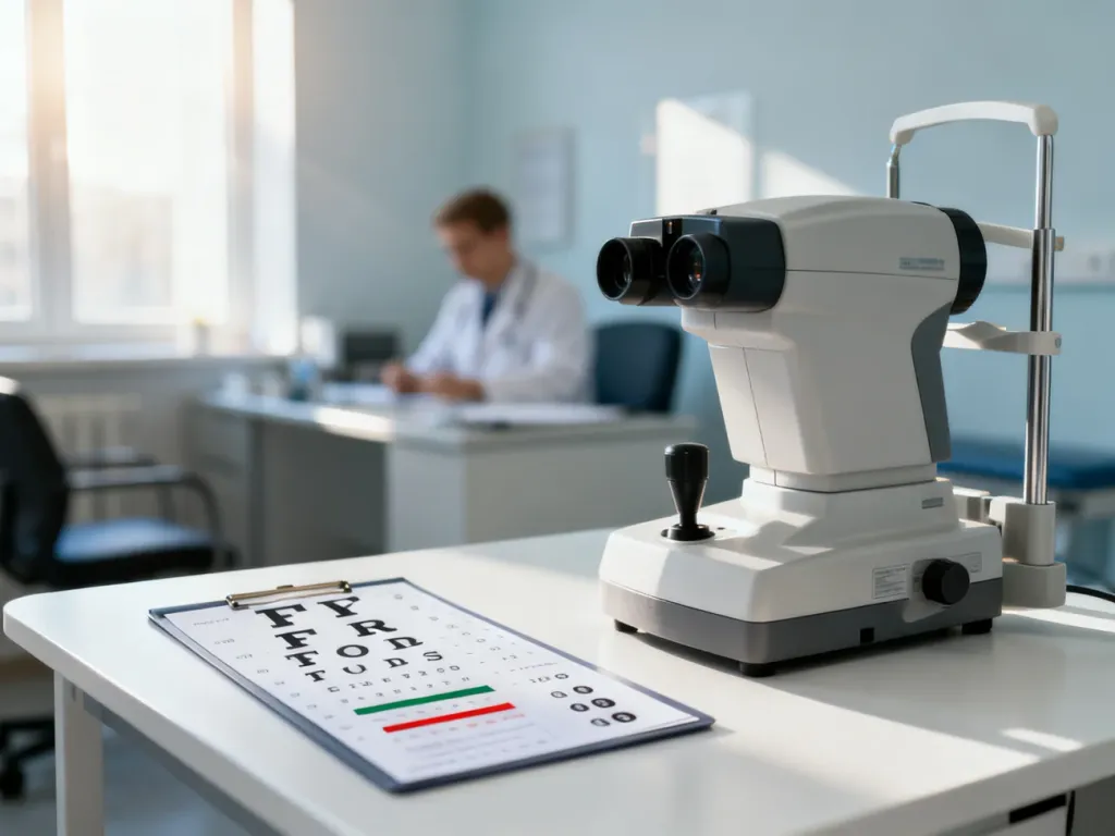 Gabinet lekarski z tablicą do badania wzroku i profesjonalnym sprzętem optometrycznym przygotowany do badań kierowców.