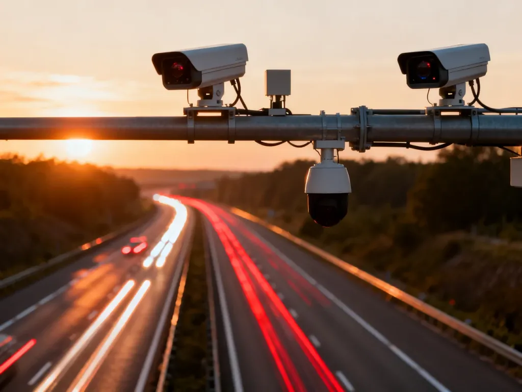 Nowoczesna bramownica z kamerami odcinkowego pomiaru prędkości nad autostradą podczas zachodu słońca.