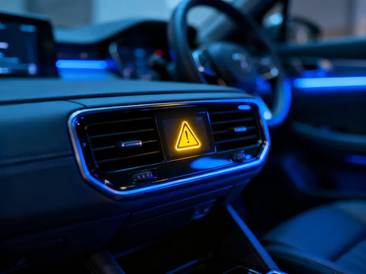 Podświetlona żółta ikona ostrzegawcza na cyfrowym wyświetlaczu deski rozdzielczej nowoczesnego samochodu BMW.