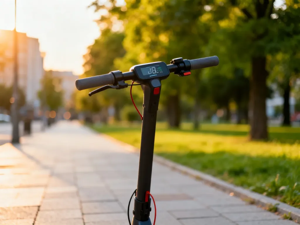 Nowoczesna hulajnoga elektryczna zaparkowana na miejskim chodniku w słoneczny dzień.