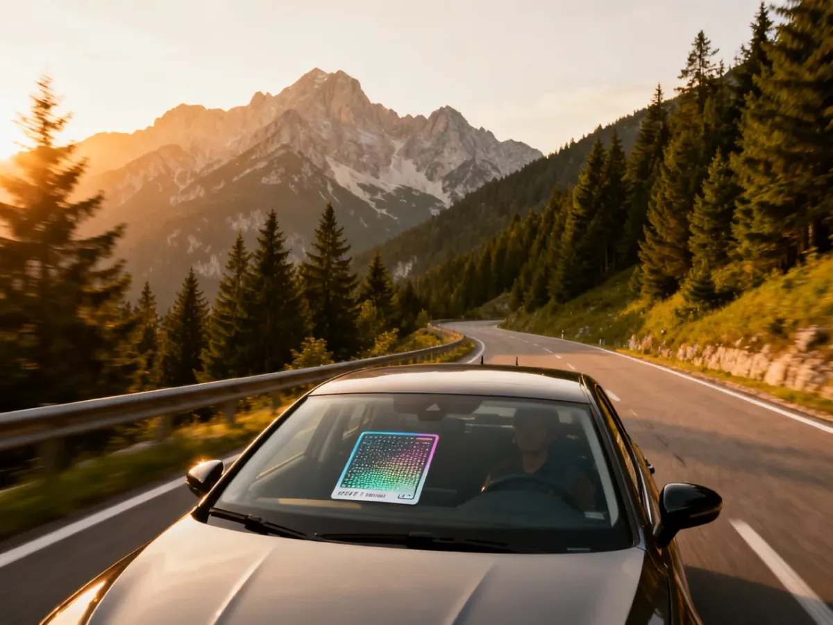 Nowoczesny samochód z cyfrową winietą na przedniej szybie jadący malowniczą autostradą w słoweńskich Alpach podczas zachodu słońca.