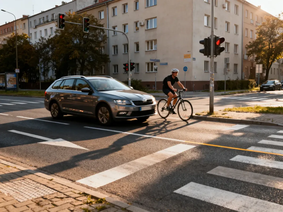 Samochód ostrożnie wyprzedzający rowerzystę w pobliżu skrzyżowania