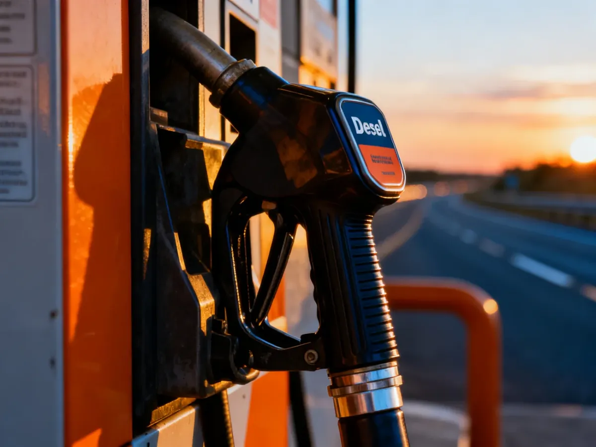 Zbliżenie na pistolet dystrybutora paliwa na tle autostrady o zachodzie słońca, symbolizujące tankowanie oleju napędowego.