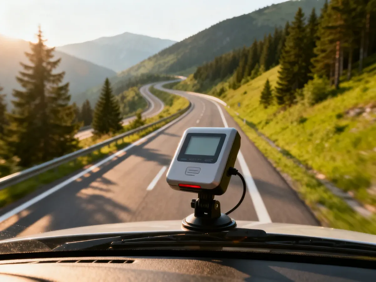 Elektroniczne urządzenie do opłat drogowych na przedniej szybie samochodu na tle słowackiej autostrady w górach.