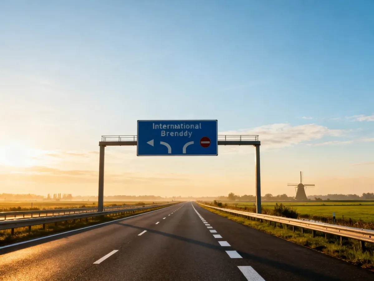 Nowoczesna autostrada prowadząca do Holandii z widocznym w tle charakterystycznym wiatrakiem w świetle poranka.