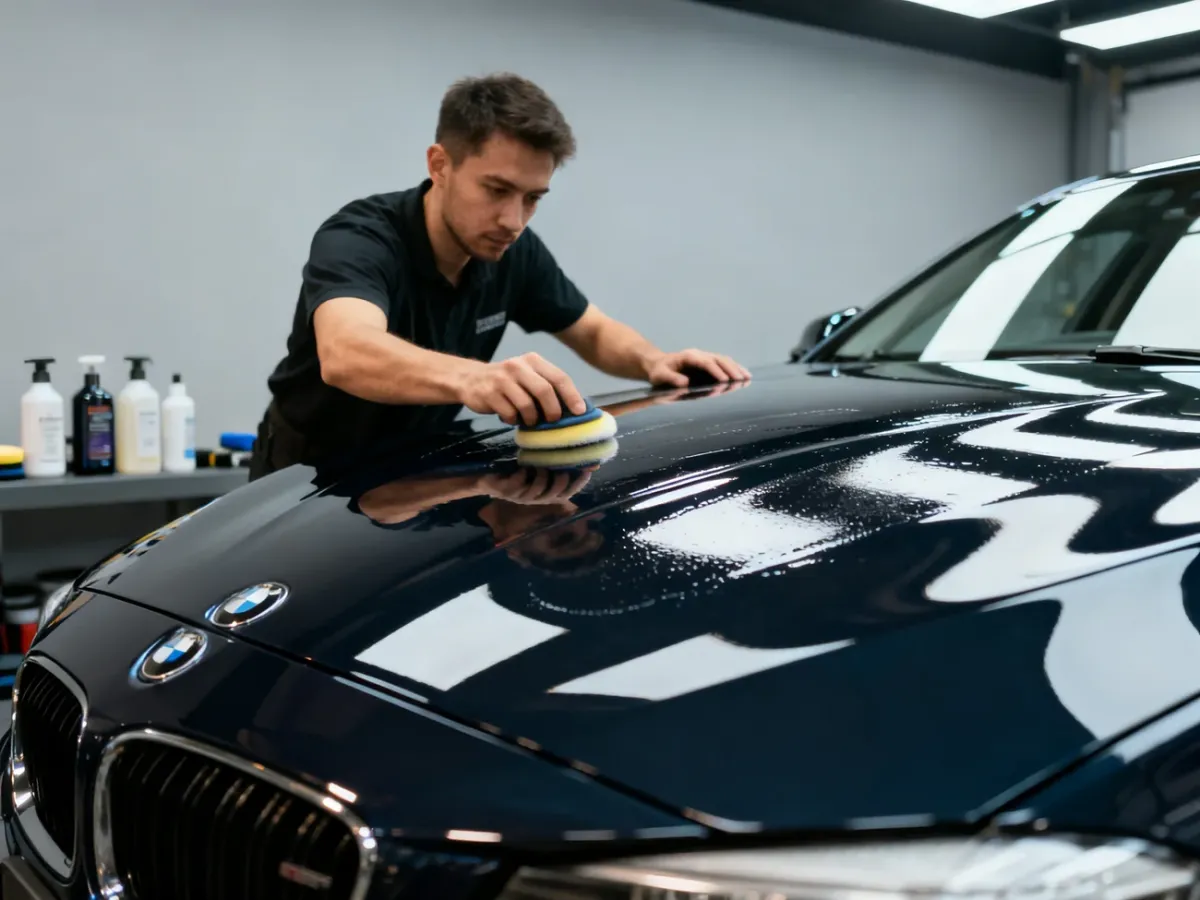 Detailer nakładający powłokę ceramiczną na lśniący samochód