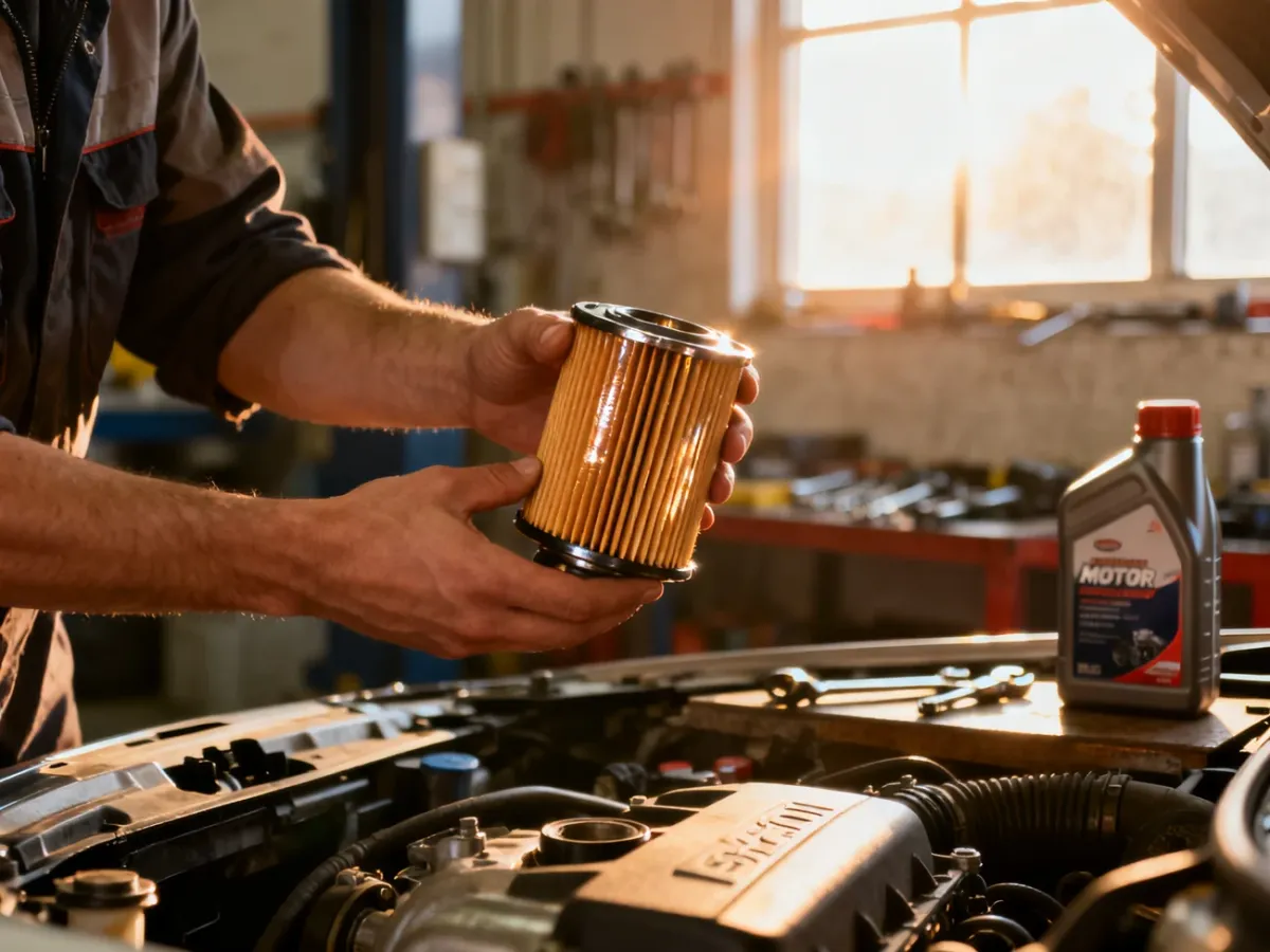 Mechanik trzyma nowy filtr oleju nad otwartą komorą silnika, przygotowując się do wymiany płynów eksploatacyjnych.