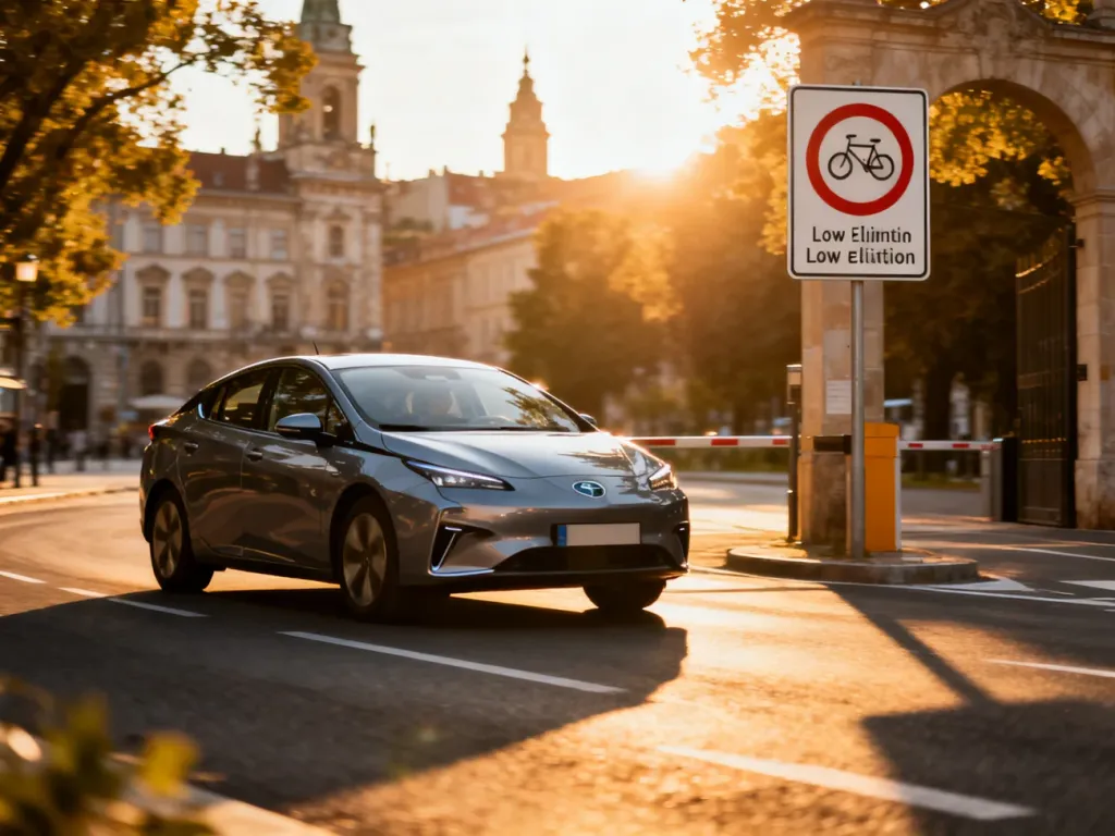 Nowoczesny samochód elektryczny wjeżdżający do strefy czystego transportu w historycznym centrum miasta.